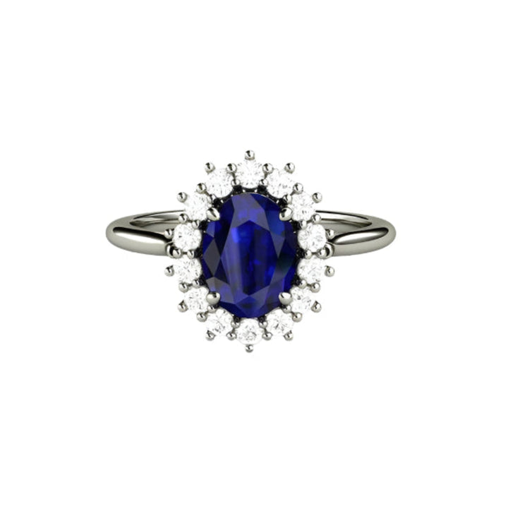 Blue Sapphire Engagement Ring Diamond Halo Oval Cluster, Rare Earth Jewelry