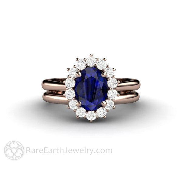 Blue Sapphire Engagement Ring Diamond Halo Oval Cluster, Rare Earth Jewelry