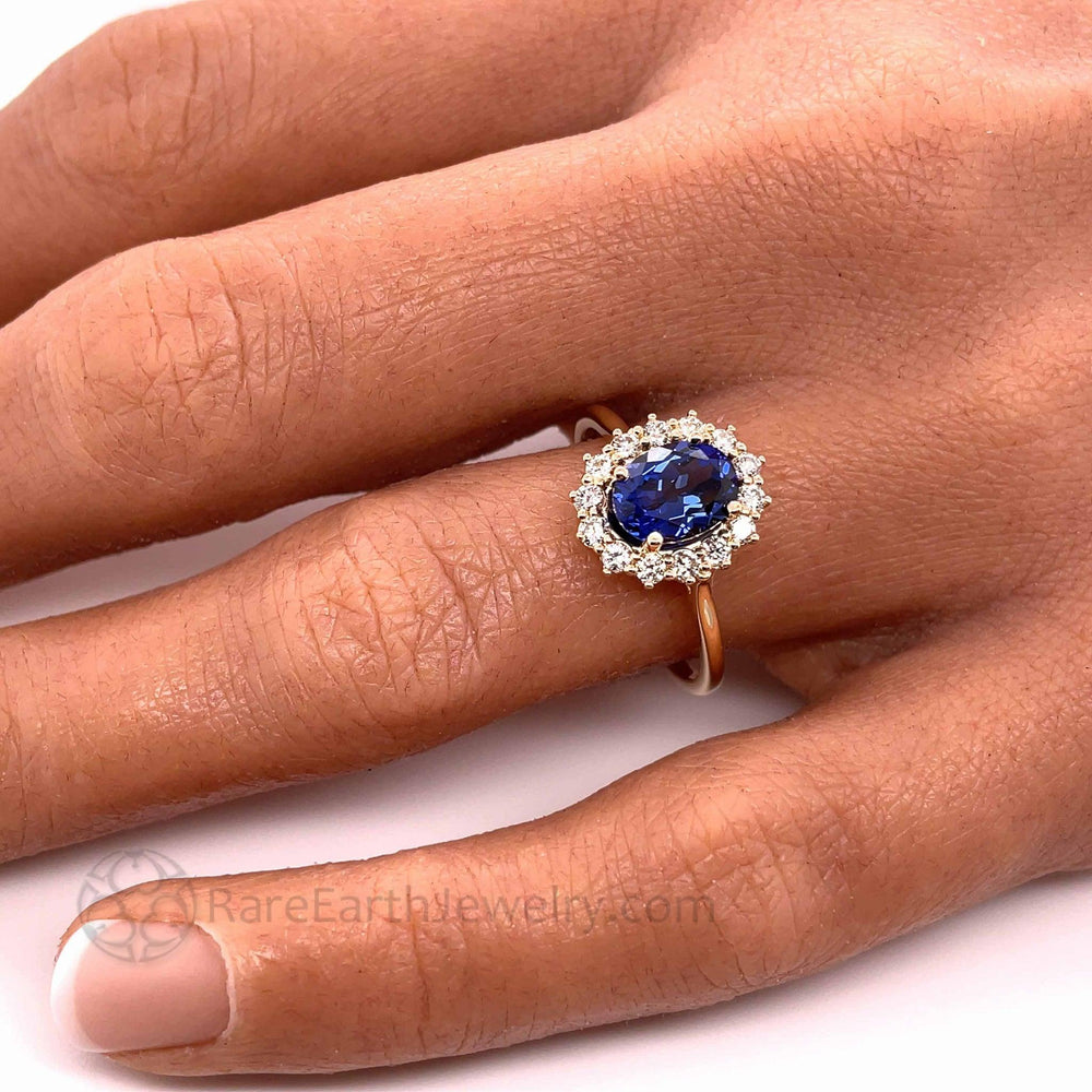 Blue Sapphire Engagement Ring Diamond Halo Oval Cluster, Rare Earth Jewelry
