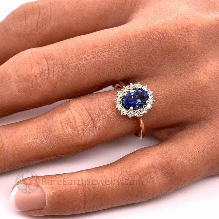 Blue Sapphire Engagement Ring Diamond Halo Oval Cluster, Rare Earth Jewelry