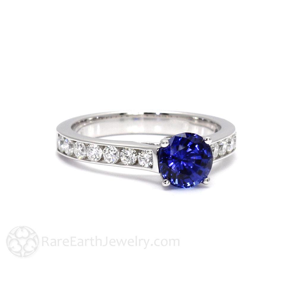 Blue Sapphire Engagement Ring Round Sapphire Solitaire with Diamonds, Rare Earth Jewelry