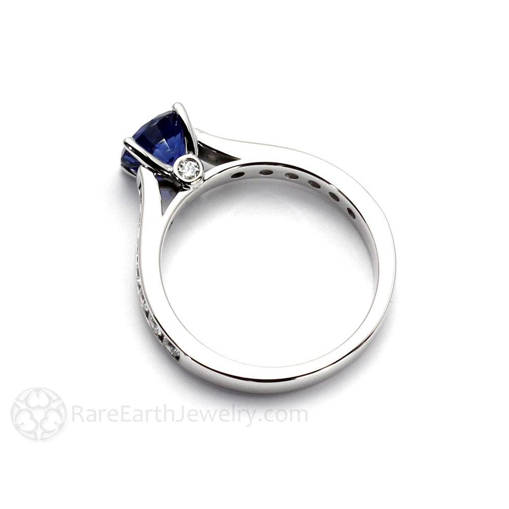 Blue Sapphire Engagement Ring Round Sapphire Solitaire with Diamonds, Rare Earth Jewelry
