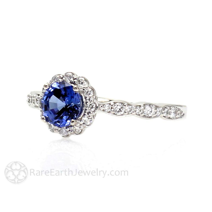 Blue Sapphire Engagement Ring Vintage Style Diamond Halo, Rare Earth Jewelry