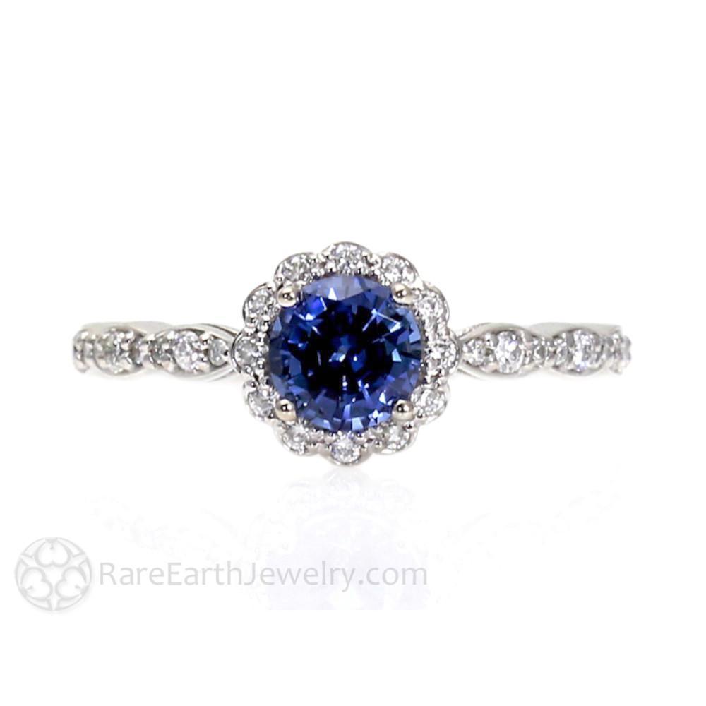Blue Sapphire Engagement Ring Vintage Style Diamond Halo, Rare Earth Jewelry