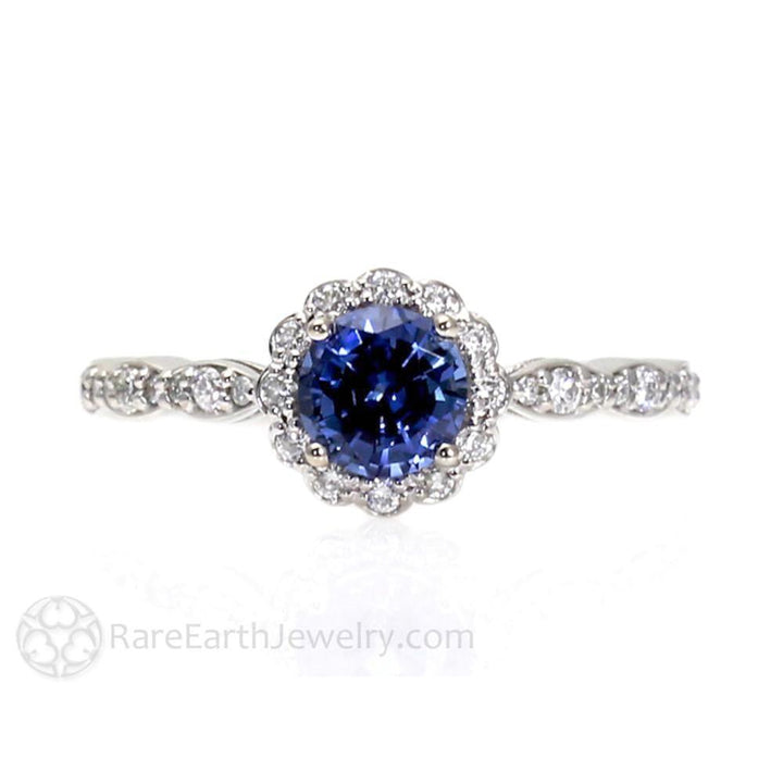 Blue Sapphire Engagement Ring Vintage Style Diamond Halo, Rare Earth Jewelry