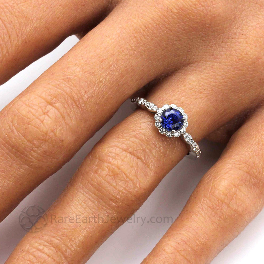 Blue Sapphire Engagement Ring Vintage Style Diamond Halo, Rare Earth Jewelry