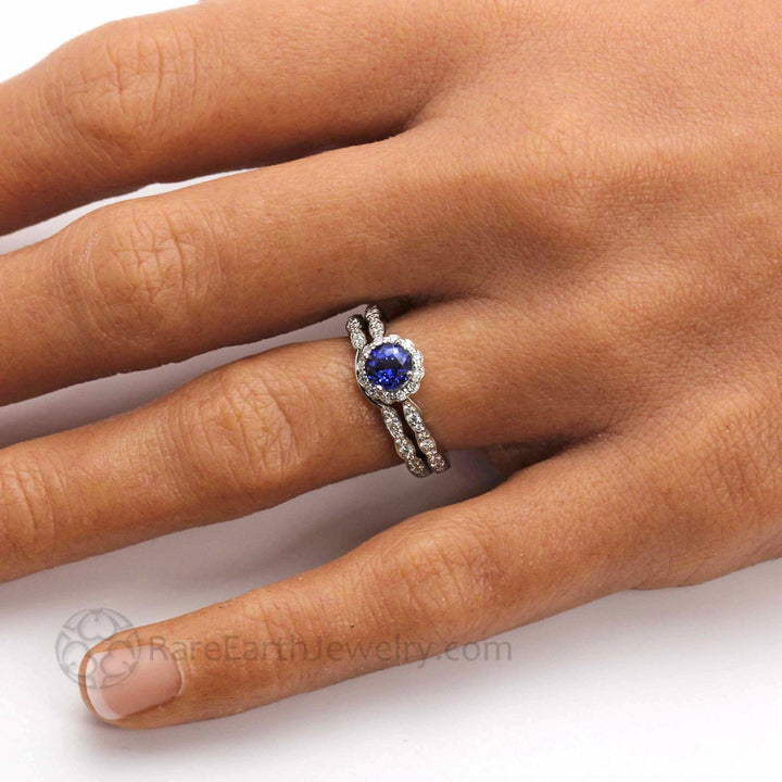 Blue Sapphire Engagement Ring Vintage Style Diamond Halo, Rare Earth Jewelry