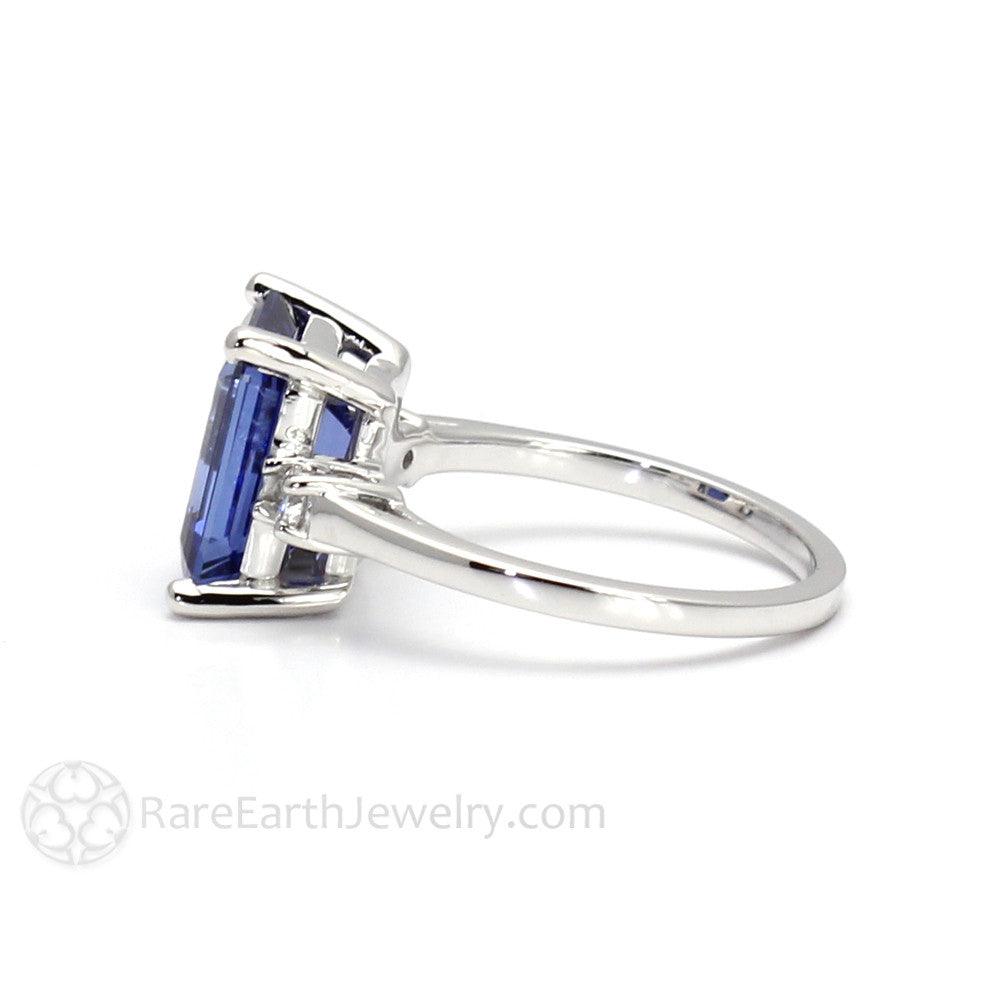 Blue Sapphire Ring 3 Stone Emerald Cut Engagement Ring with Diamonds, Rare Earth Jewelry