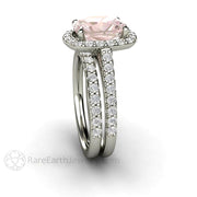 Bridal Set Cushion Cut Halo Morganite Engagement Ring 18K White Gold - Rare Earth Jewelry