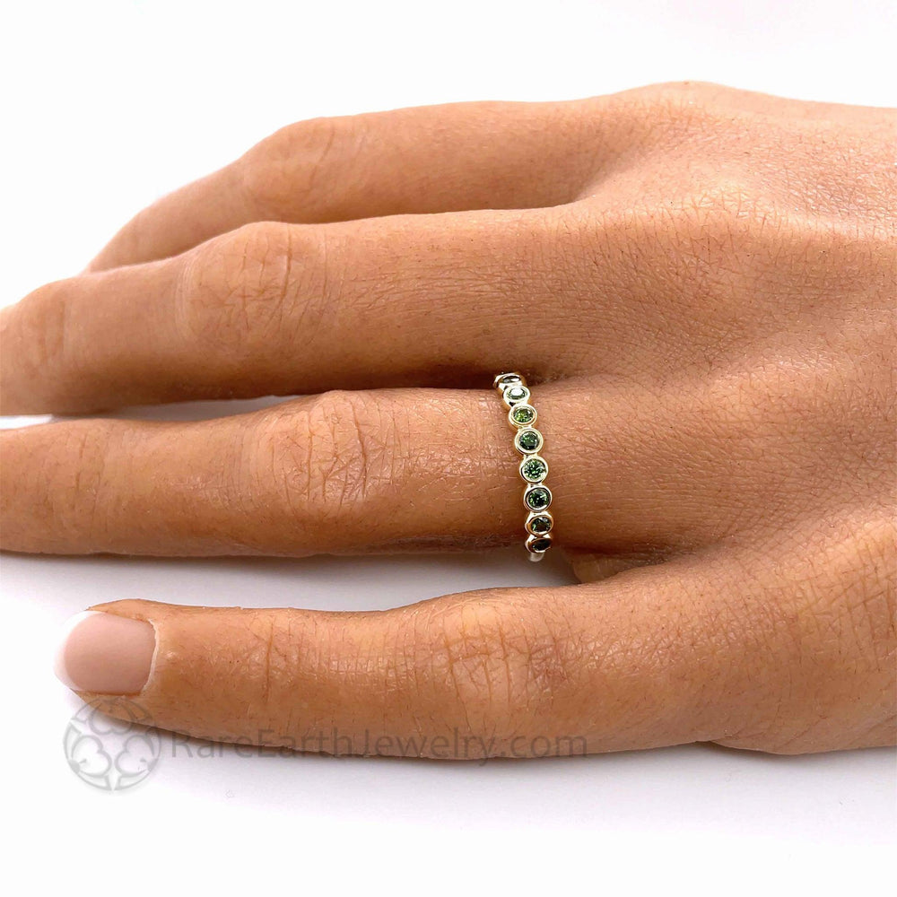 Green Diamond Wedding Band | Round Bubble Style Bezel Set Stackable Ring, Rare Earth Jewelry