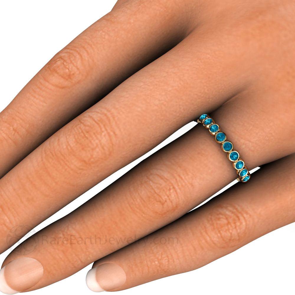 Teal Blue Diamond Ring Bubble Band Bezel Set Wedding Ring, Rare Earth Jewelry