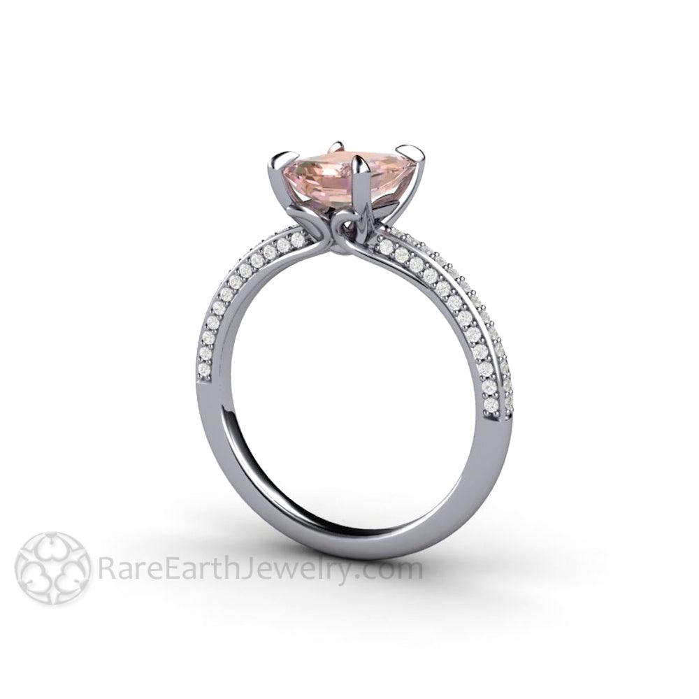 Champagne Pink Sapphire Engagement Ring Emerald Cut Pave Solitaire, Rare Earth Jewelry