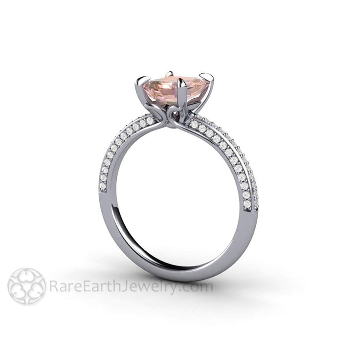 Champagne Pink Sapphire Engagement Ring Emerald Cut Pave Solitaire, Rare Earth Jewelry