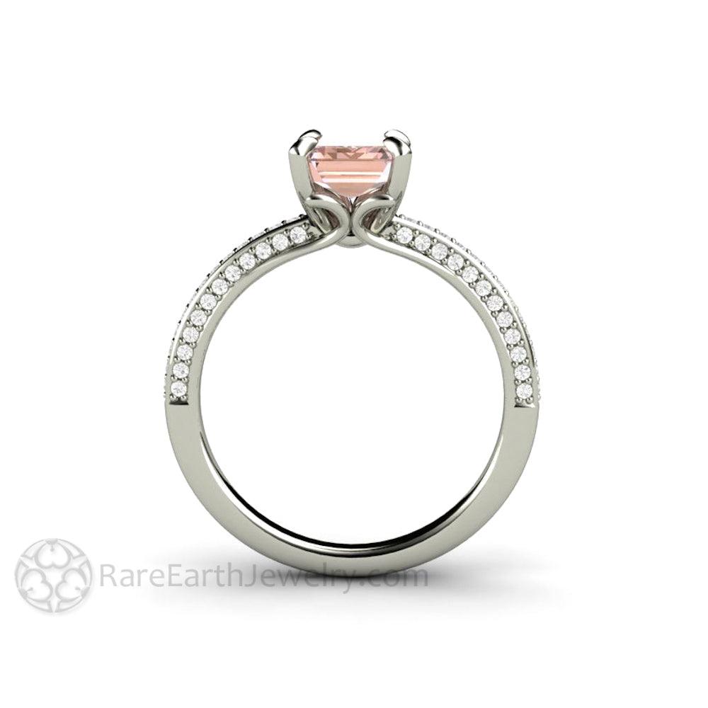 Champagne Pink Sapphire Engagement Ring Emerald Cut Pave Solitaire, Rare Earth Jewelry