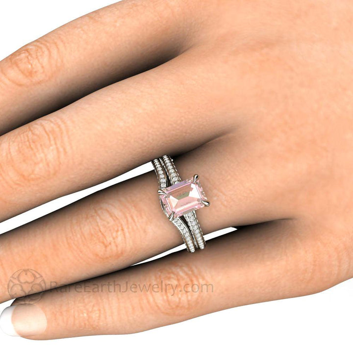 Champagne Pink Sapphire Engagement Ring Emerald Cut Pave Solitaire, Rare Earth Jewelry