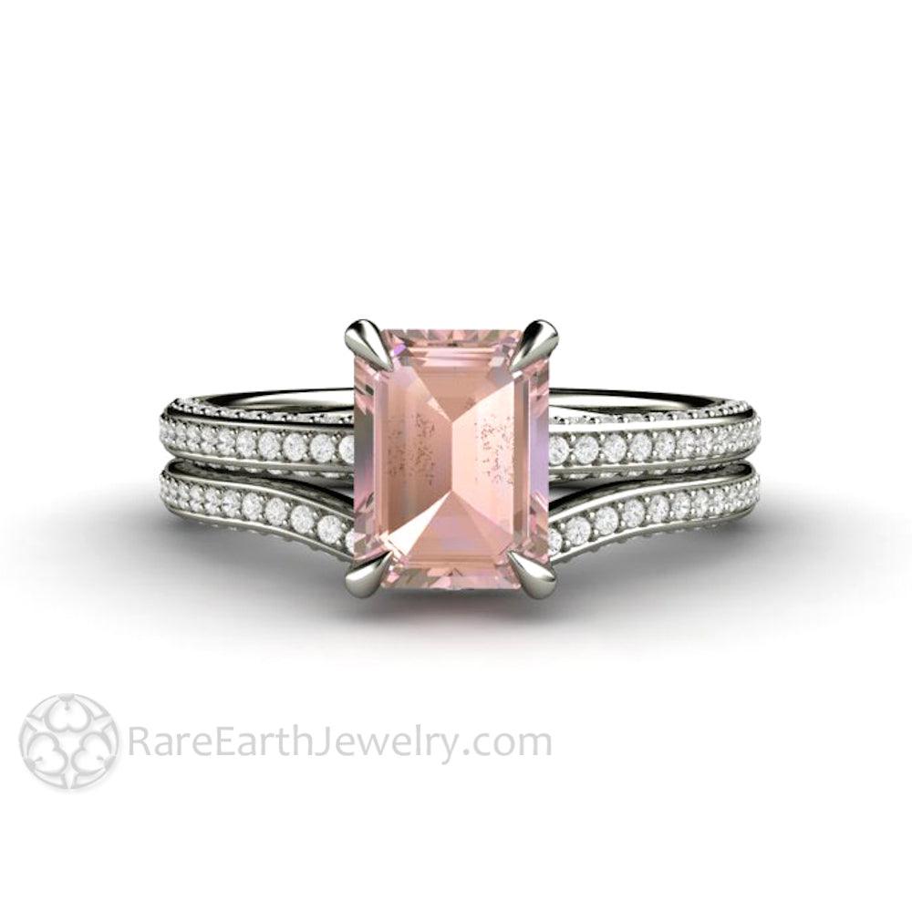 Champagne Pink Sapphire Engagement Ring Emerald Cut Pave Solitaire, Rare Earth Jewelry