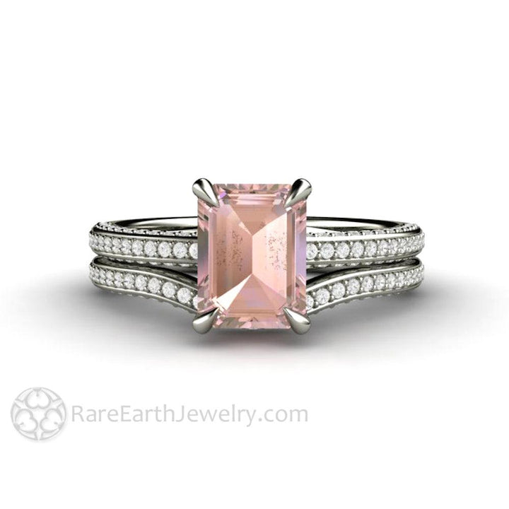 Champagne Pink Sapphire Engagement Ring Emerald Cut Pave Solitaire, Rare Earth Jewelry