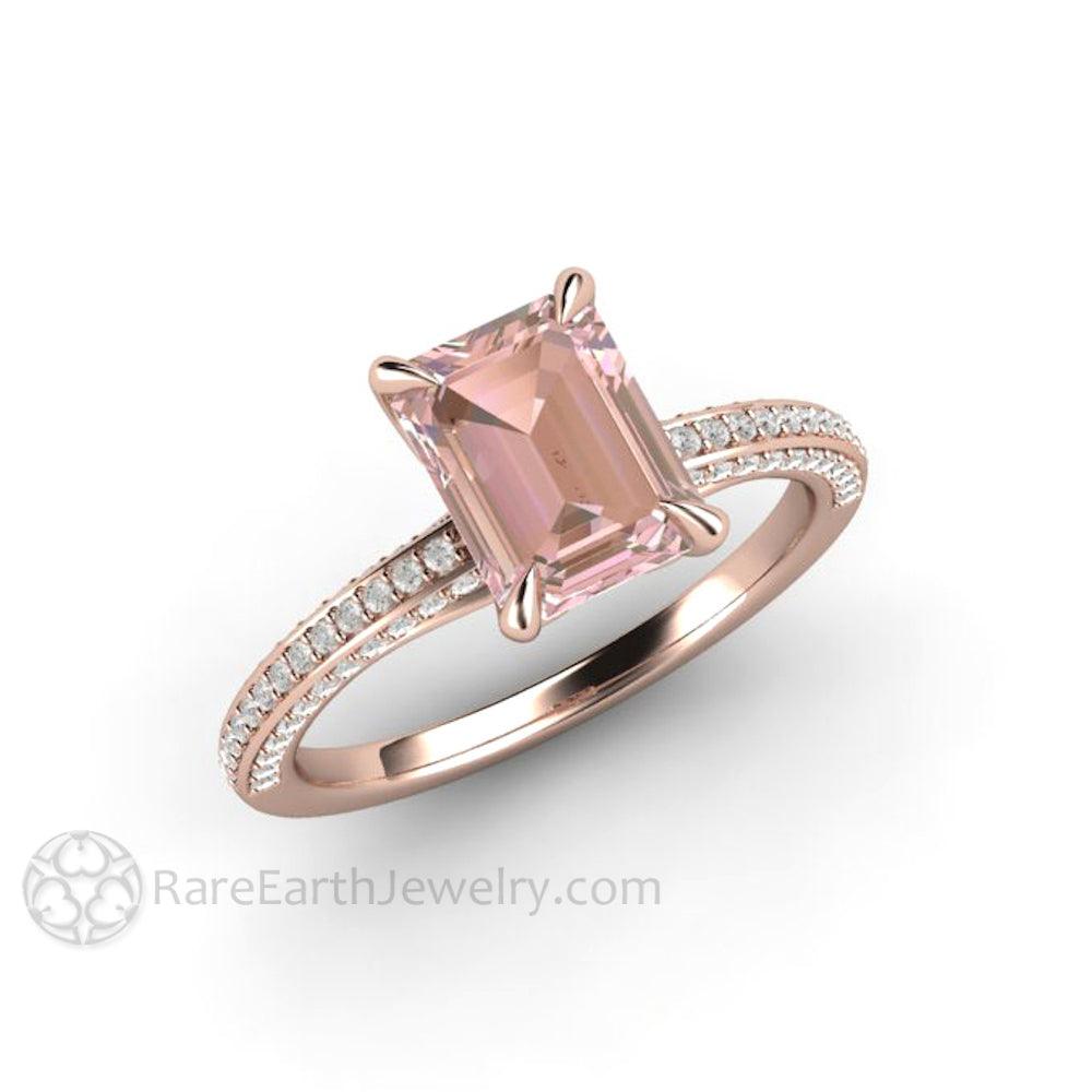 Champagne Pink Sapphire Engagement Ring Emerald Cut Pave Solitaire, Rare Earth Jewelry