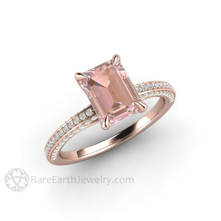 Champagne Pink Sapphire Engagement Ring Emerald Cut Pave Solitaire, Rare Earth Jewelry