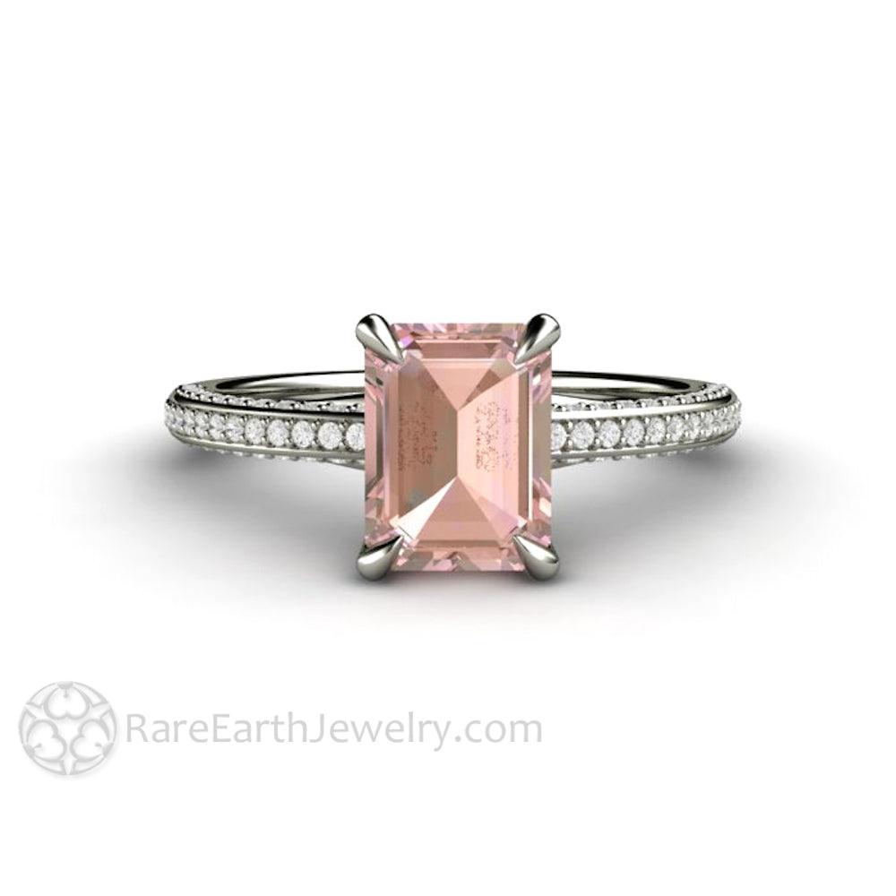 Champagne Pink Sapphire Engagement Ring Emerald Cut Pave Solitaire, Rare Earth Jewelry