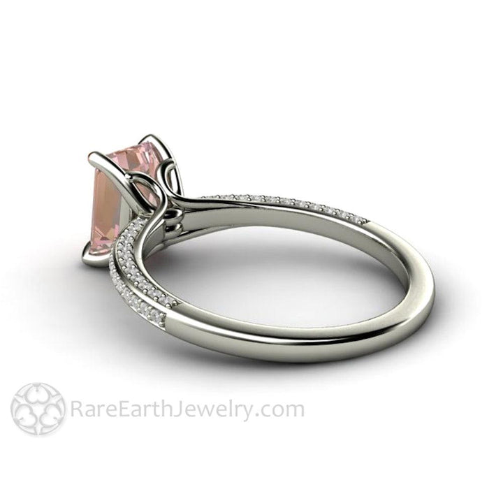 Champagne Pink Sapphire Engagement Ring Emerald Cut Pave Solitaire, Rare Earth Jewelry