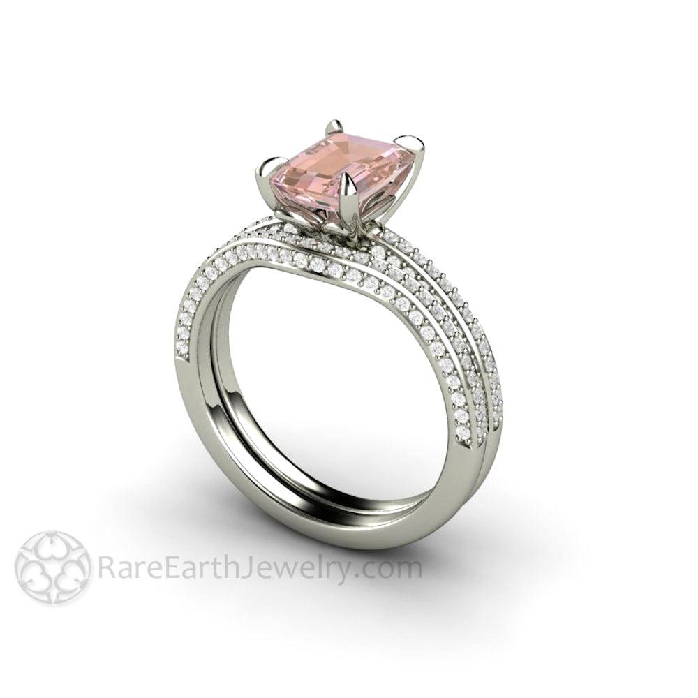 Champagne Pink Sapphire Engagement Ring Emerald Cut Pave Solitaire, Rare Earth Jewelry