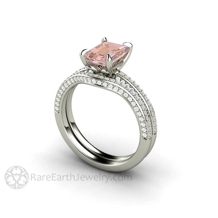 Champagne Pink Sapphire Engagement Ring Emerald Cut Pave Solitaire, Rare Earth Jewelry