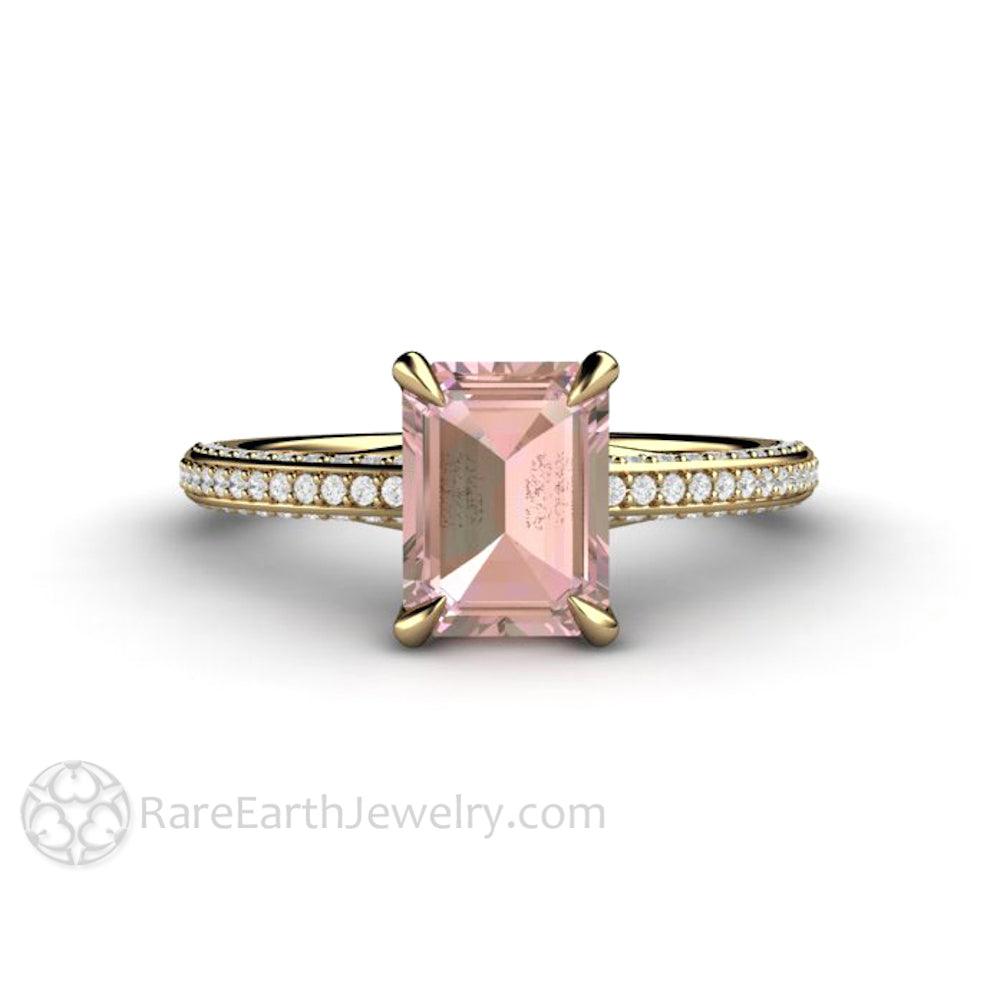 Champagne Pink Sapphire Engagement Ring Emerald Cut Pave Solitaire, Rare Earth Jewelry