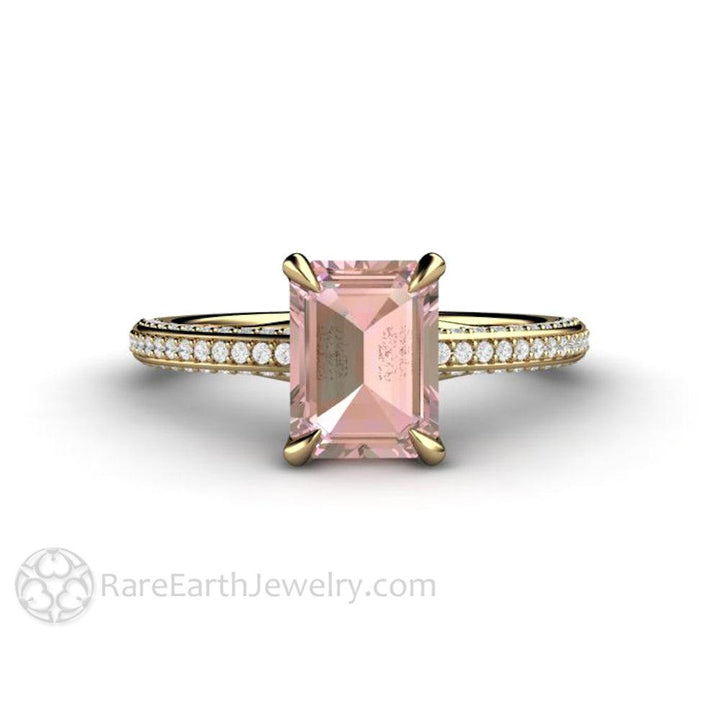 Champagne Pink Sapphire Engagement Ring Emerald Cut Pave Solitaire, Rare Earth Jewelry