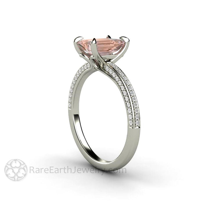 Champagne Pink Sapphire Engagement Ring Emerald Cut Pave Solitaire, Rare Earth Jewelry