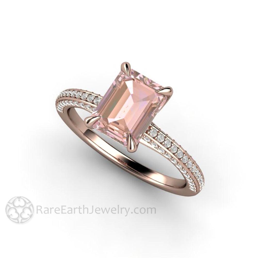 Champagne Pink Sapphire Engagement Ring Emerald Cut Pave Solitaire, Rare Earth Jewelry