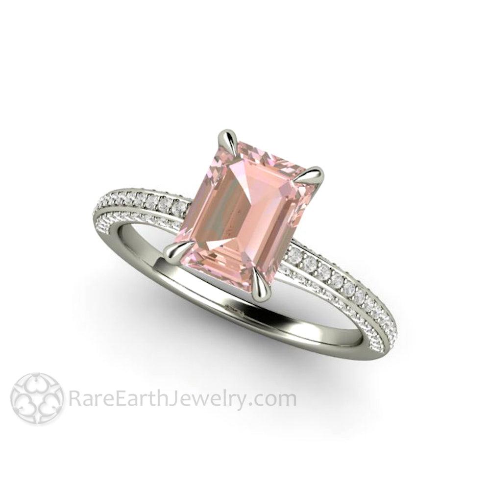 Champagne Pink Sapphire Engagement Ring Emerald Cut Pave Solitaire, Rare Earth Jewelry