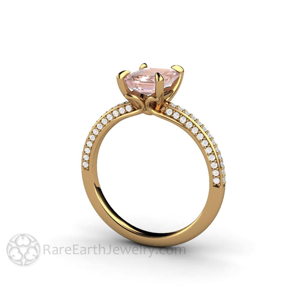 Champagne Pink Sapphire Engagement Ring Emerald Cut Pave Solitaire, Rare Earth Jewelry