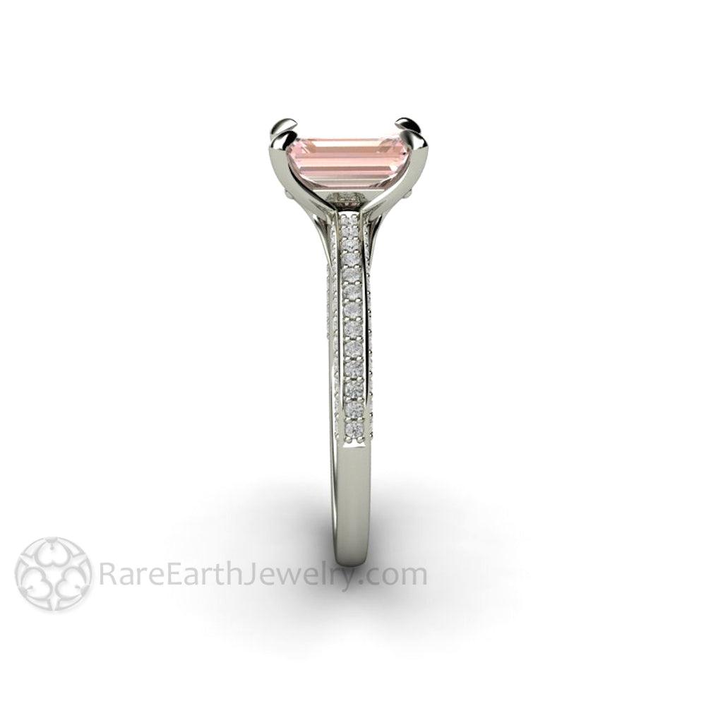 Champagne Pink Sapphire Engagement Ring Emerald Cut Pave Solitaire, Rare Earth Jewelry