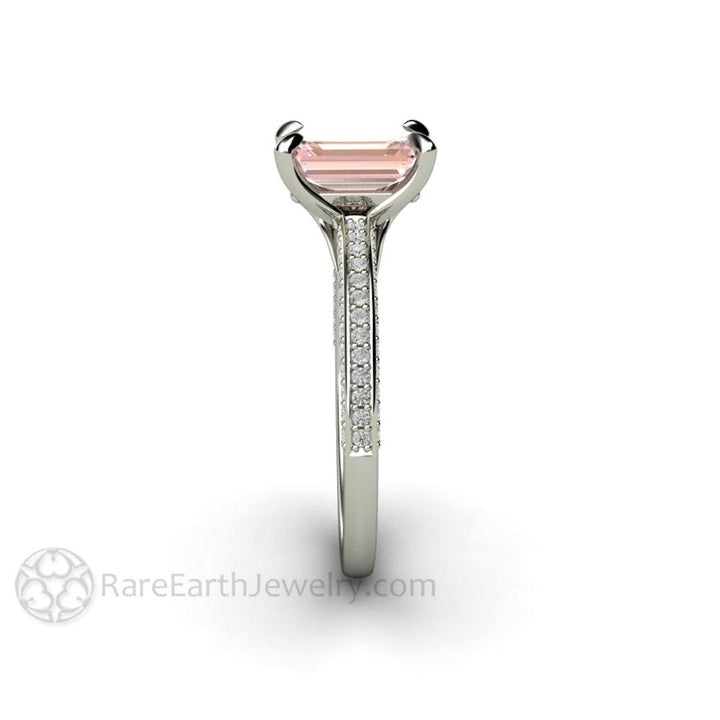Champagne Pink Sapphire Engagement Ring Emerald Cut Pave Solitaire, Rare Earth Jewelry