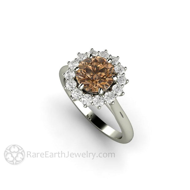 Chocolate Brown Moissanite Engagement Ring 6 Prong Vintage Round Cluster 14K White Gold - Engagement Only - Rare Earth Jewelry