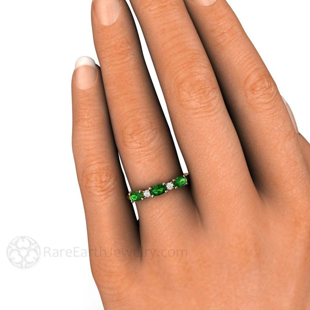 Chrome Green Tourmaline Ring East West Anniversary Band 18K Yellow Gold - Rare Earth Jewelry