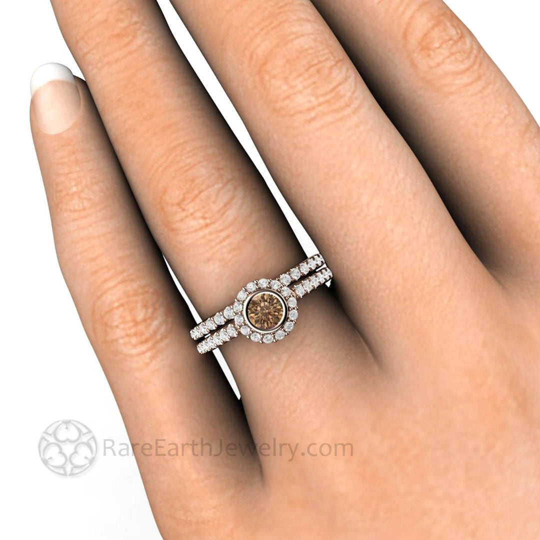 Chocolate Brown Diamond Engagement Ring | Petite Bezel Set Halo with Pave Diamonds, Rare Earth Jewelry