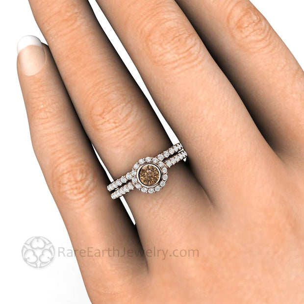 Cognac Brown Diamond Halo Engagement Ring Petite Pave Bezel Setting - 14K Rose Gold - Wedding Set - April - Bezel - Brown - Rare Earth Jewelry