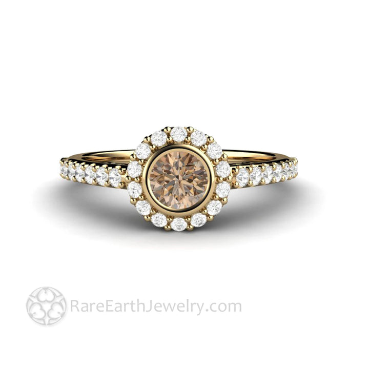 Chocolate Brown Diamond Engagement Ring | Petite Bezel Set Halo with Pave Diamonds, Rare Earth Jewelry