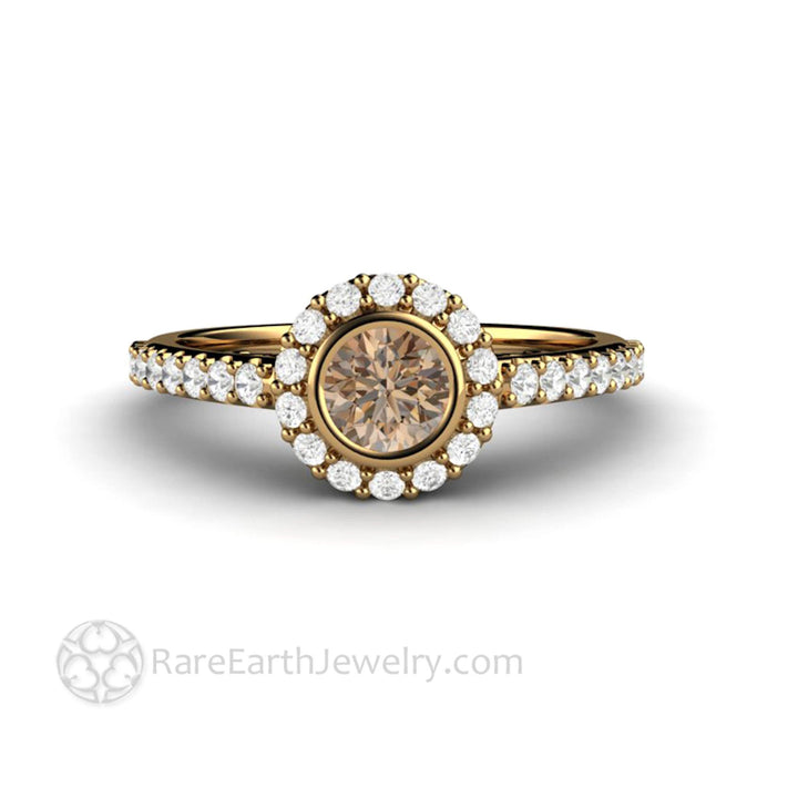 Chocolate Brown Diamond Engagement Ring | Petite Bezel Set Halo with Pave Diamonds, Rare Earth Jewelry