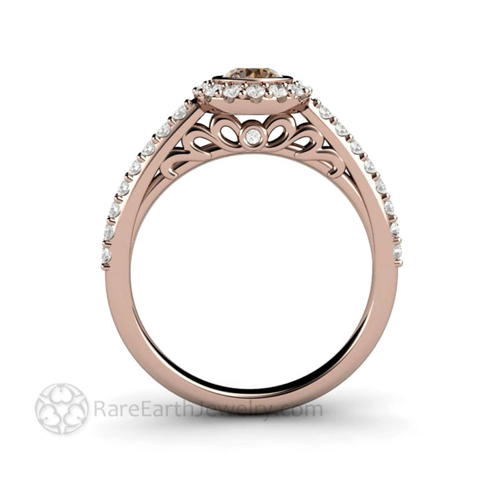 Chocolate Brown Diamond Engagement Ring | Petite Bezel Set Halo with Pave Diamonds, Rare Earth Jewelry