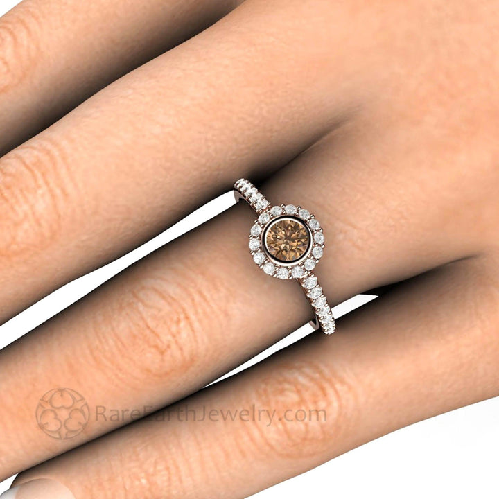 Chocolate Brown Diamond Engagement Ring | Petite Bezel Set Halo with Pave Diamonds, Rare Earth Jewelry