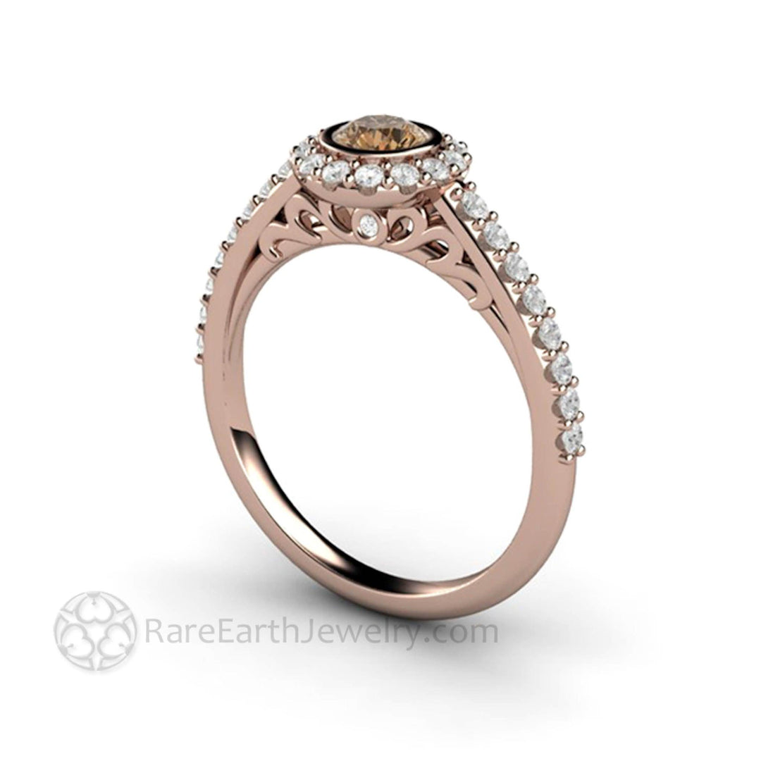 Chocolate Brown Diamond Engagement Ring | Petite Bezel Set Halo with Pave Diamonds, Rare Earth Jewelry