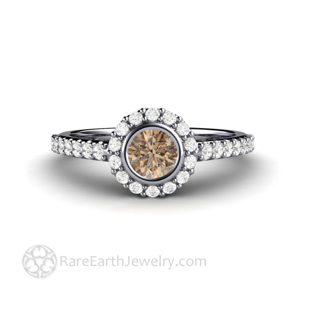 Chocolate Brown Diamond Engagement Ring | Petite Bezel Set Halo with Pave Diamonds, Rare Earth Jewelry