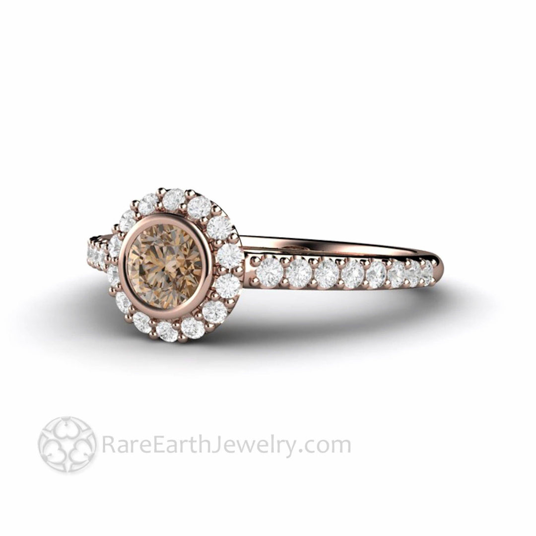Chocolate Brown Diamond Engagement Ring | Petite Bezel Set Halo with Pave Diamonds, Rare Earth Jewelry