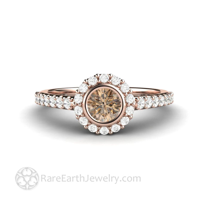 Chocolate Brown Diamond Engagement Ring | Petite Bezel Set Halo with Pave Diamonds, Rare Earth Jewelry