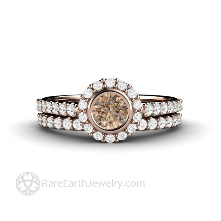 Chocolate Brown Diamond Engagement Ring | Petite Bezel Set Halo with Pave Diamonds, Rare Earth Jewelry