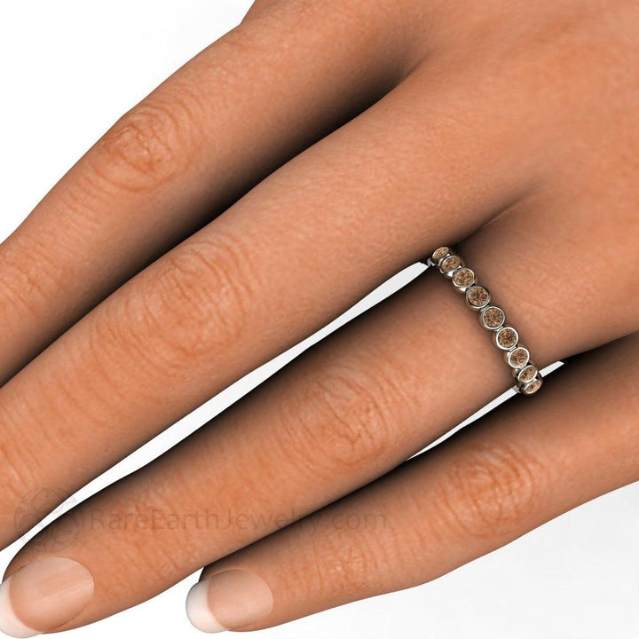 Chocolate Brown Diamond Wedding Ring | Cognac Diamond Bezel Set Bubble Band, Rare Earth Jewelry
