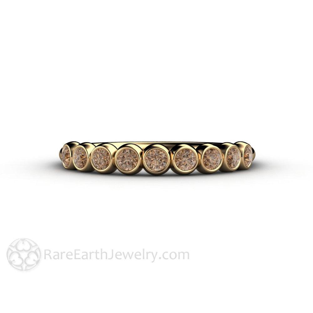Chocolate Brown Diamond Wedding Ring | Cognac Diamond Bezel Set Bubble Band, Rare Earth Jewelry